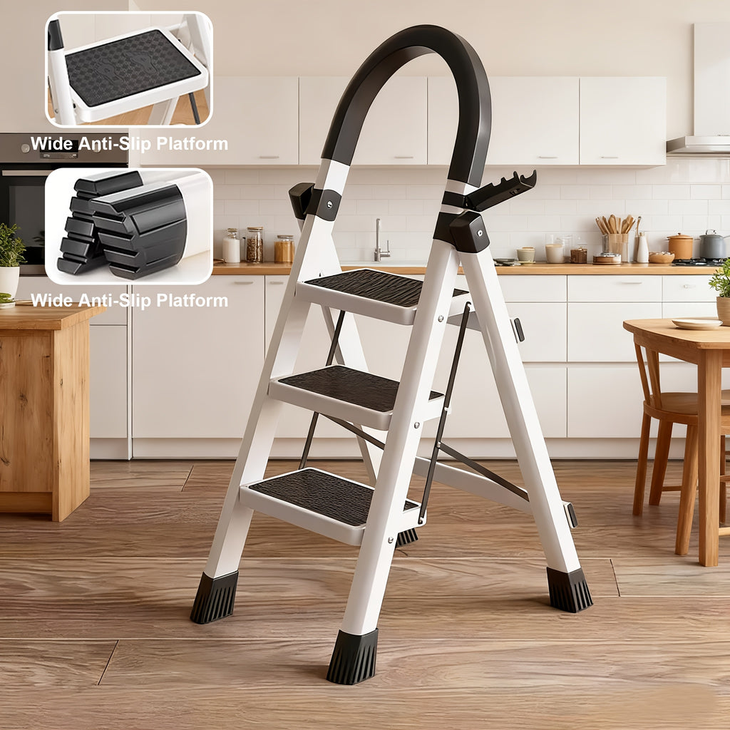 Escalera plegable de acero inoxidable, escalera portátil multifuncional, equipada con pedales anchos antideslizantes, ligera, duradera y compacta, fácil de transportar. Adecuada para el hogar, la oficina, el dormitorio, la cocina y el jardín, etc. Escenar