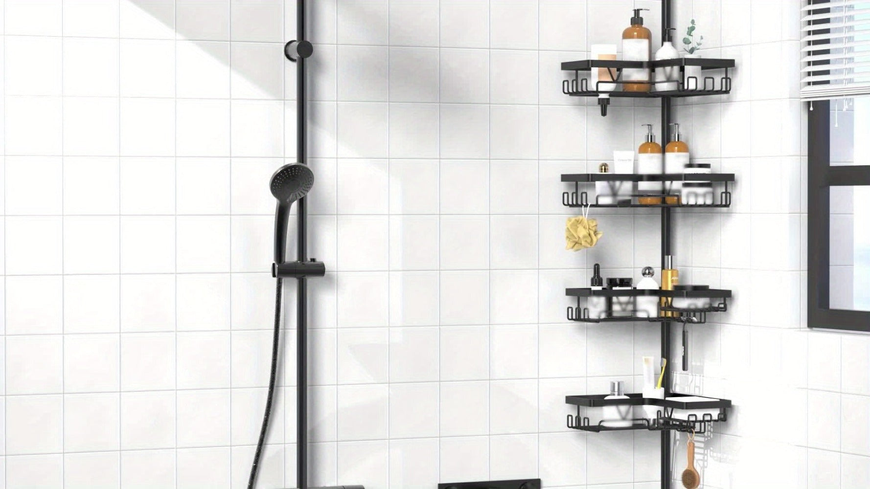 Un estante de esquina robusto y alto para el baño, un estante de esquina ajustable para la ducha que no requiere perforaciones, con un estante de almacenamiento negro de 4 niveles resistente al óxido, ideal para organizar áreas de ducha de esquina - Perfe
