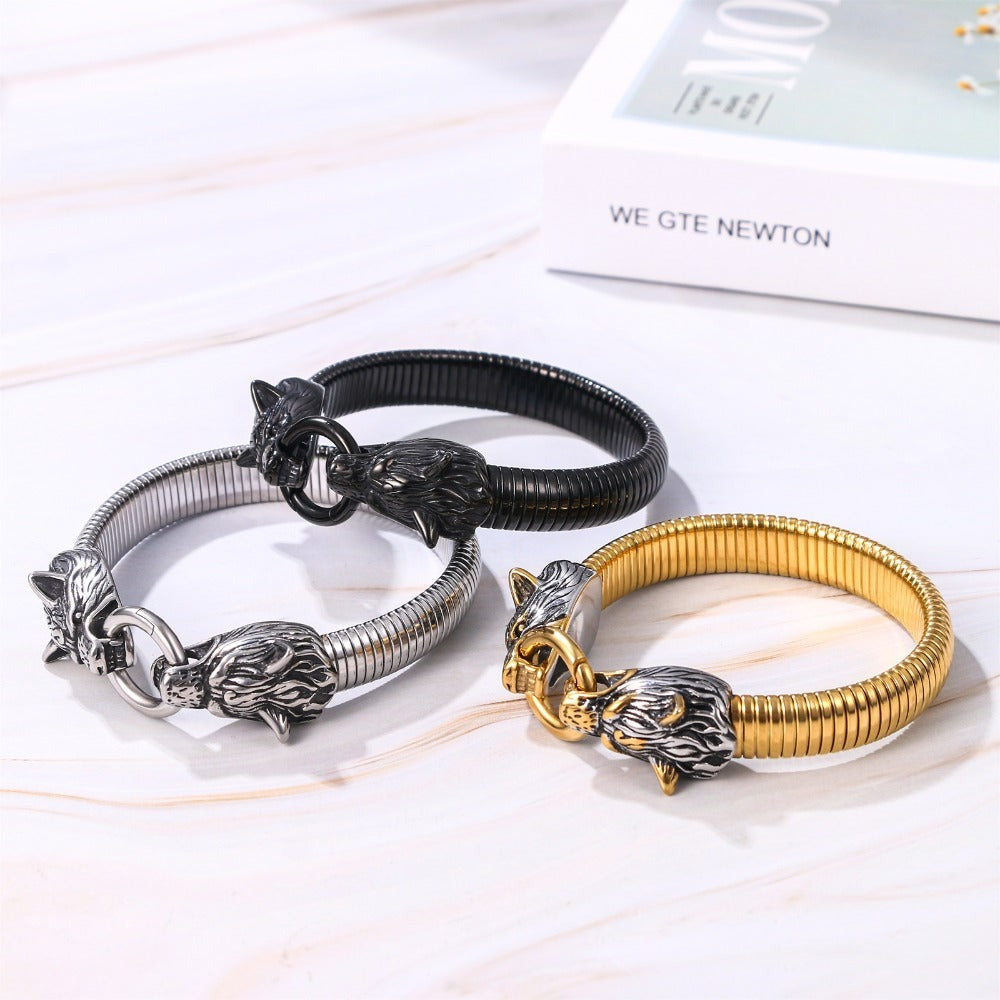 Pulsera Elástica Vikinga Loba: Amuleto Nórdico para Hombre con Cabezal de Loba Gótico Vintage Hip-Hop en Diseño de Brazalete de Acero Inoxidable