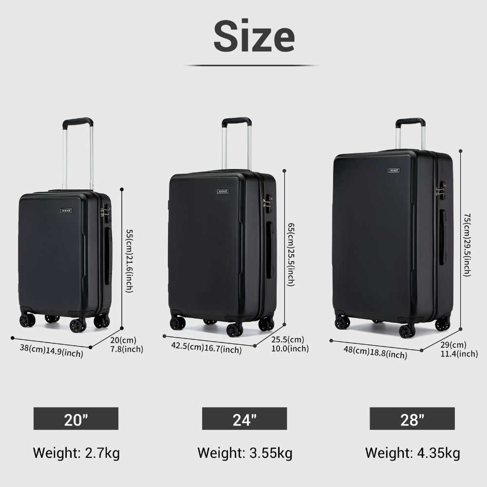 3 piezas de equipaje de cabina Kono de 20/24/28 pulgadas, equipaje de mano, pequeño, PC+ABS, carcasa dura, ligero, duradero, bolsa de viaje con ruedas dobles giratorias, cerradura de seguridad TSA