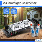 Estufa de Gas para Camping ZMC de 2 Quemadores con Adaptador LPG y Estuche de Almacenamiento – Estufa de Gas Doble con Potencia de 2.5 kW, Encendido Piezoeléctrico, Compatible con Cilindros de Gas Butano de 227g y Botellas de Gas LPG – Estufa de Gas Portá