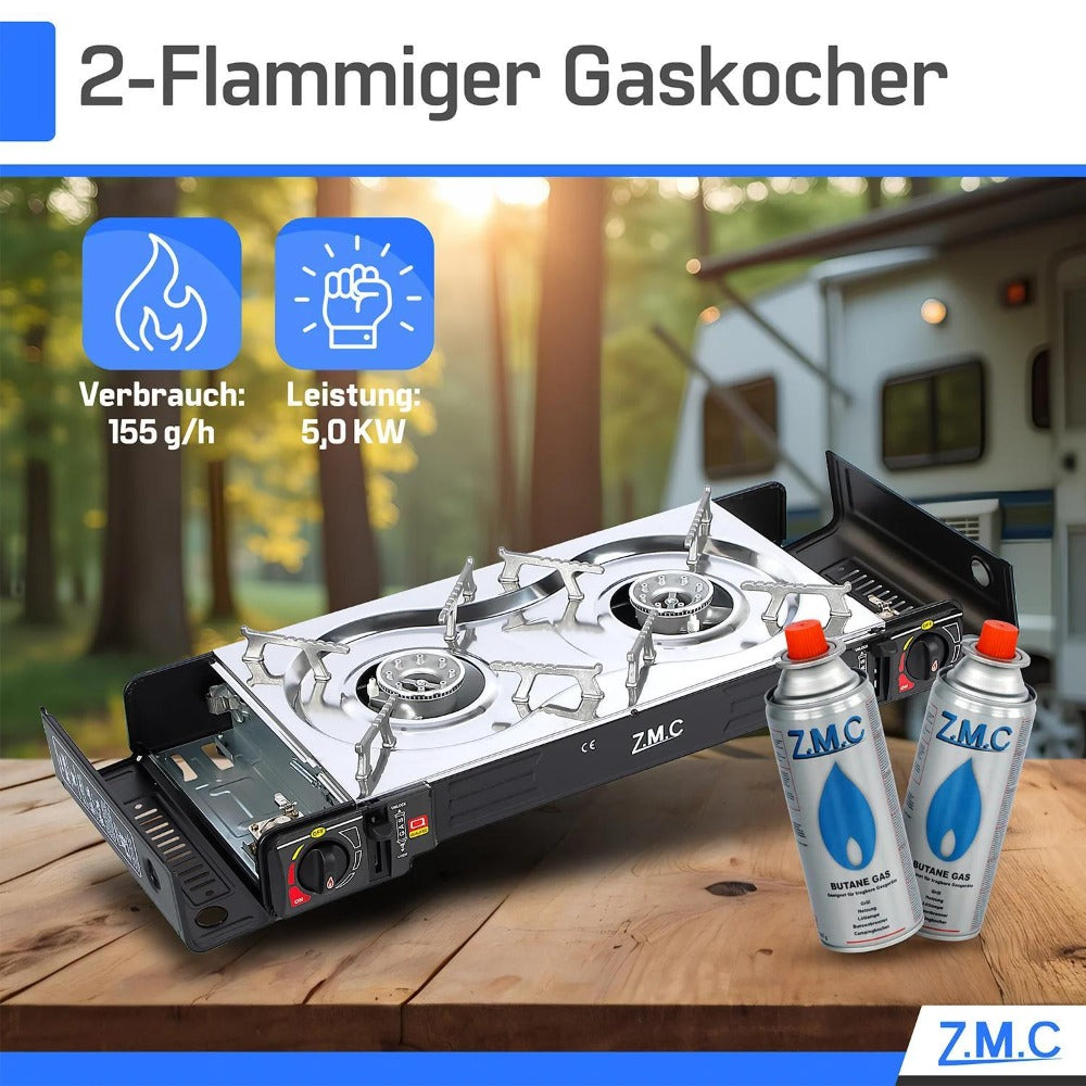 Estufa de Gas para Camping ZMC de 2 Quemadores con Adaptador LPG y Estuche de Almacenamiento – Estufa de Gas Doble con Potencia de 2.5 kW, Encendido Piezoeléctrico, Compatible con Cilindros de Gas Butano de 227g y Botellas de Gas LPG – Estufa de Gas Portá
