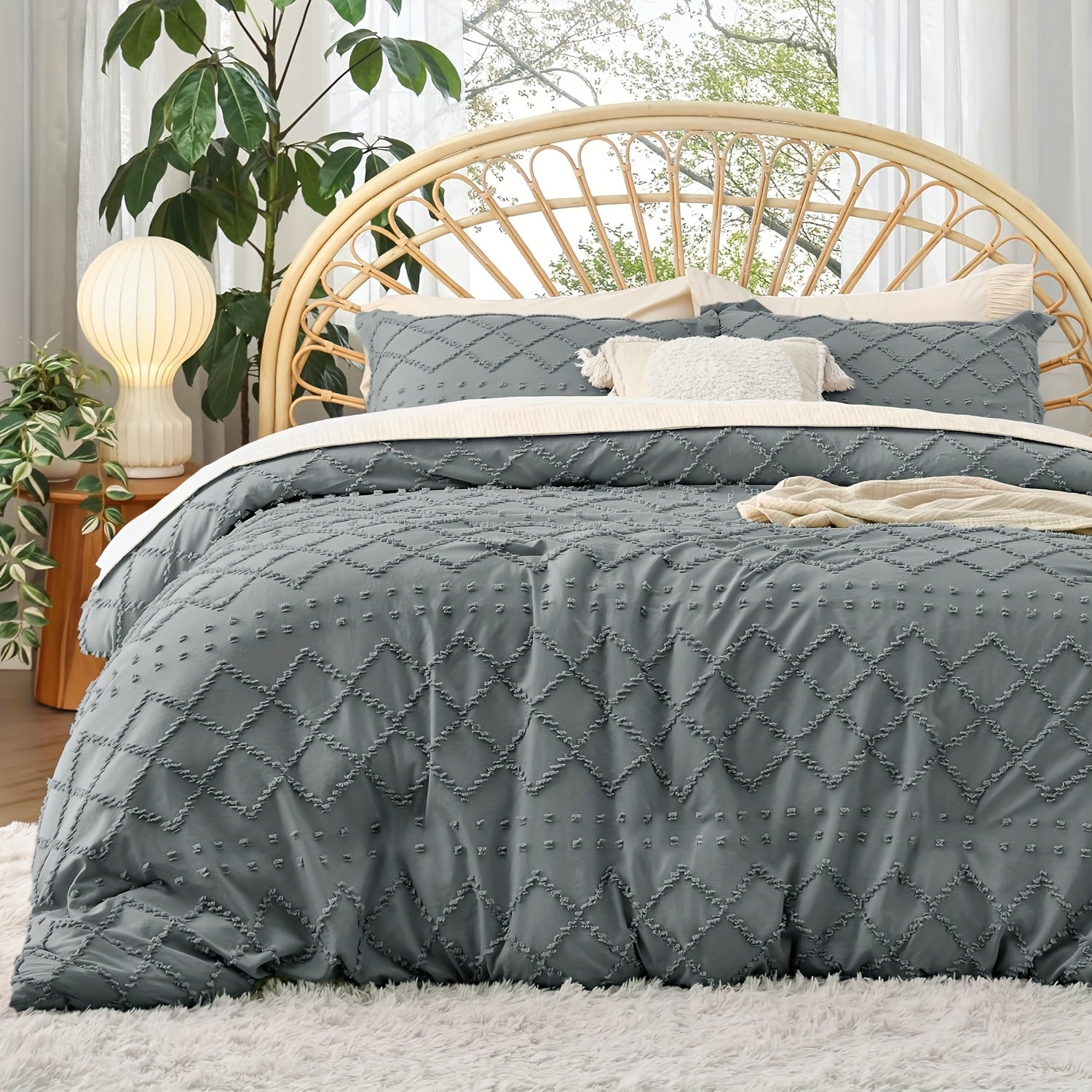 Juego de funda nórdica de lujo con bordado exquisito estilo bohemio, ropa de cama acolchada lavada vintage 2/3 piezas transpirable, fibra ultrafina de alta calidad adecuada para todas las estaciones, ropa de cama tejida suave, lavable a máquina en múltipl