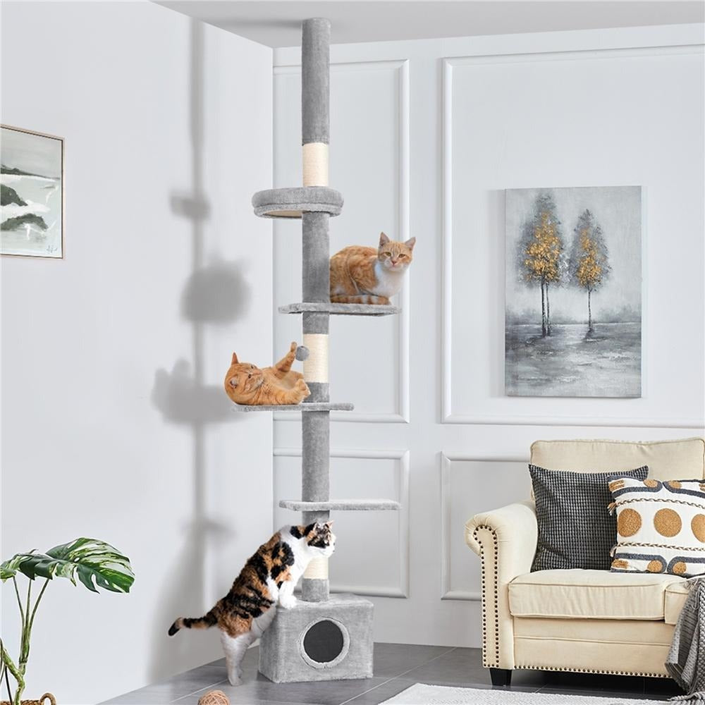 Árbol para gatos Costoffs de techo alto, altura ajustable de 226 cm a 266 cm, poste rascador multinivel con cama para gatos, plataformas y caseta