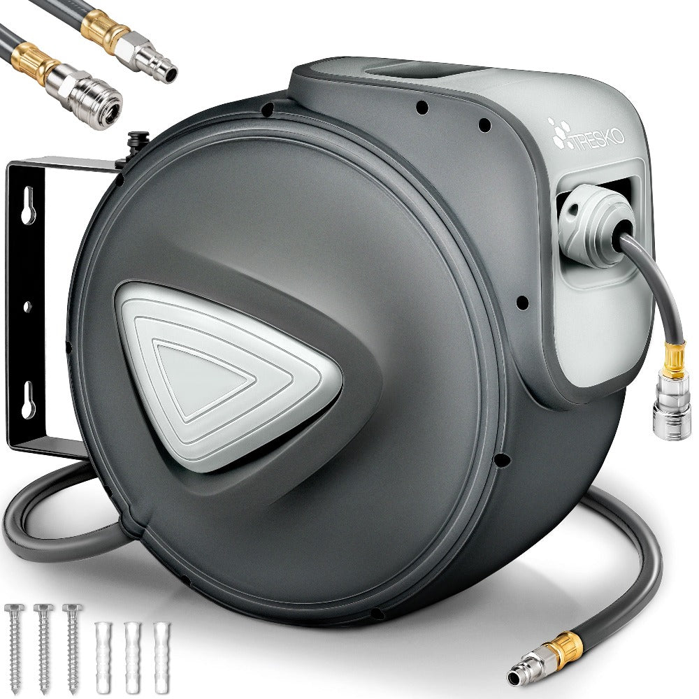 TRESKO® Carrete Automático para Manguera de Aire | Enrollador de Manguera de Aire de 1/4" | Soporte Automático para Manguera Montado en la Pared