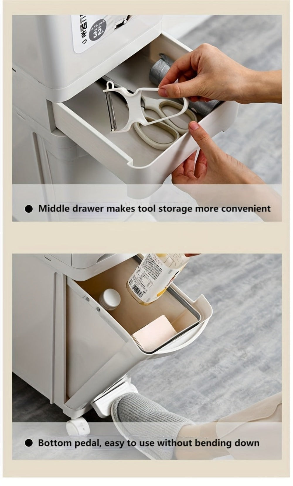 Cubo de basura estrecho de cocina de 32L con tapa, clasificación selectiva con división o dos contenedores interiores, pedal para separación de residuos secos y húmedos, contenedor de plástico para ahorrar espacio para cocina y baño