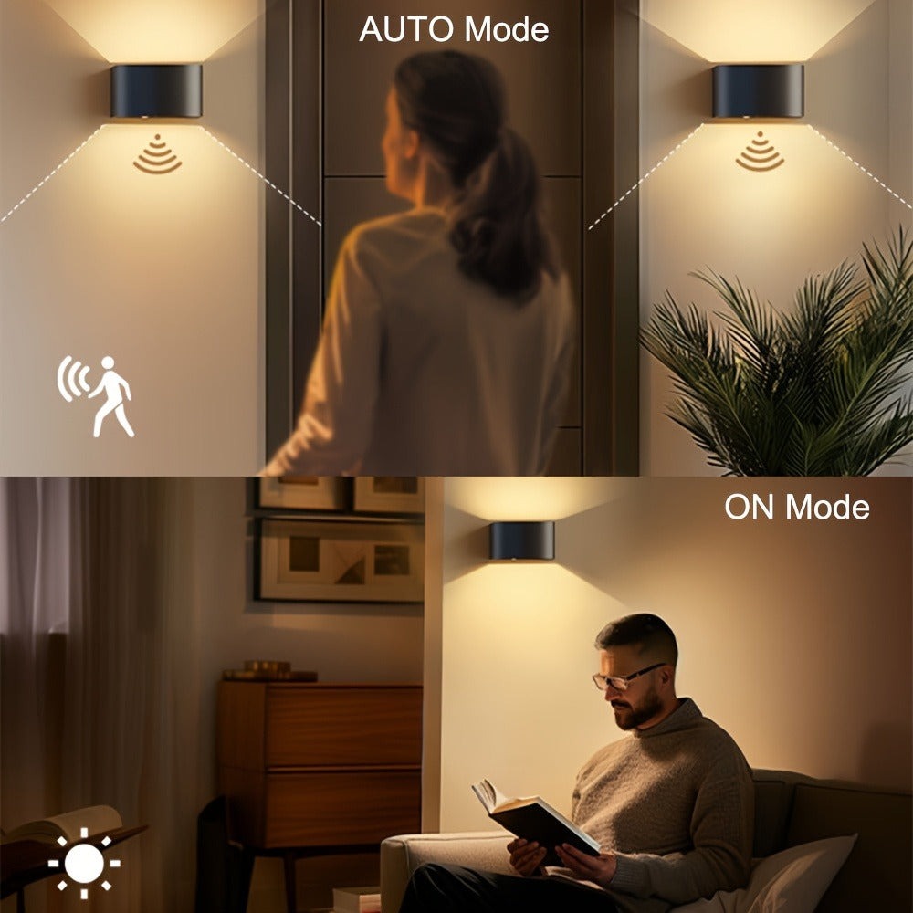[2 piezas] Lámpara de pared a batería para interior con sensor de movimiento, control remoto, 3 colores, luz de pared, luz de pared LED para interior de luz arriba y abajo, 3 modos, lámparas de pared recargables a batería, brillo ajustable