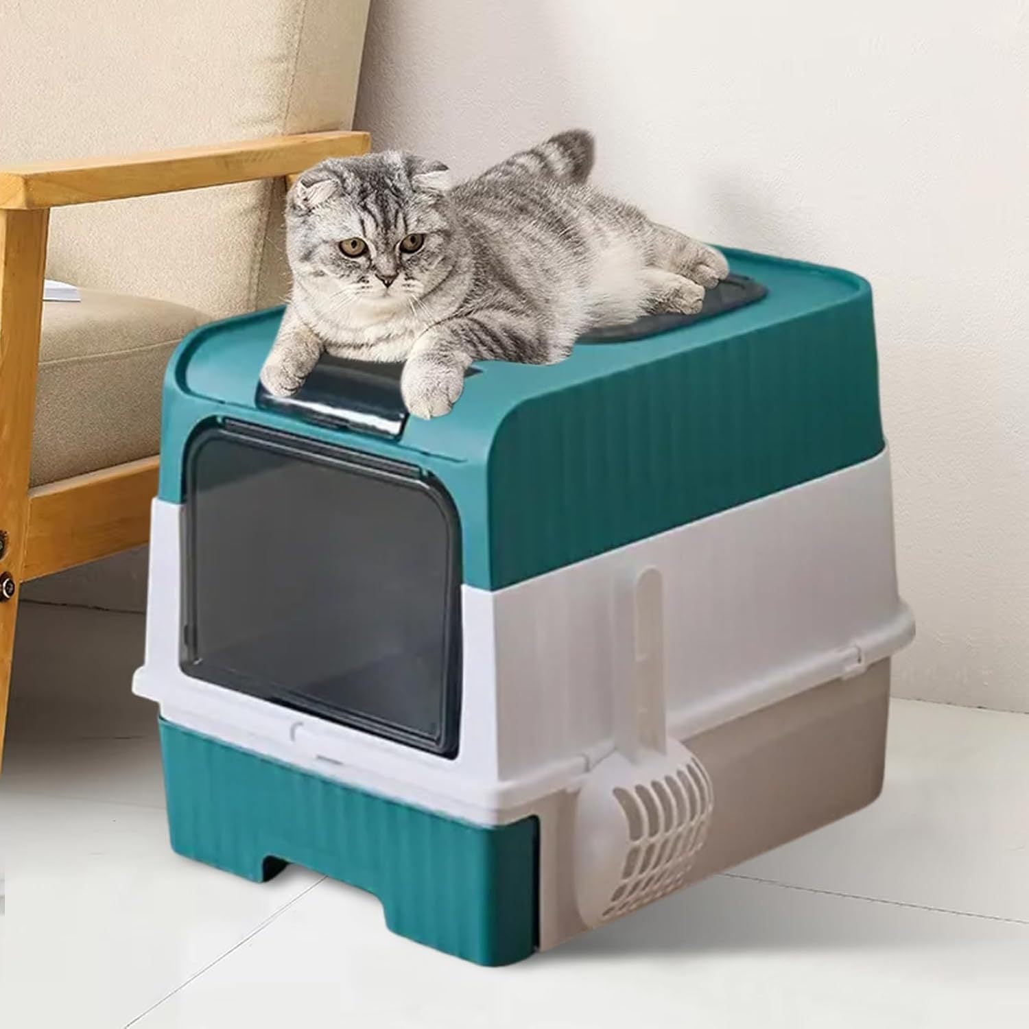 Caja de Arena para Gatos Espaciosa con Tapa Arenero - A Prueba de Fugas, Diseño Plegable, Soporta hasta 14.97 KG, Incluye Pala, Sin Rastro para Limpieza Fácil, Construcción Duradera de ABS/PE/Silicona, Forma Rectangular, Caixa de Arena para Gatos Extra Gr