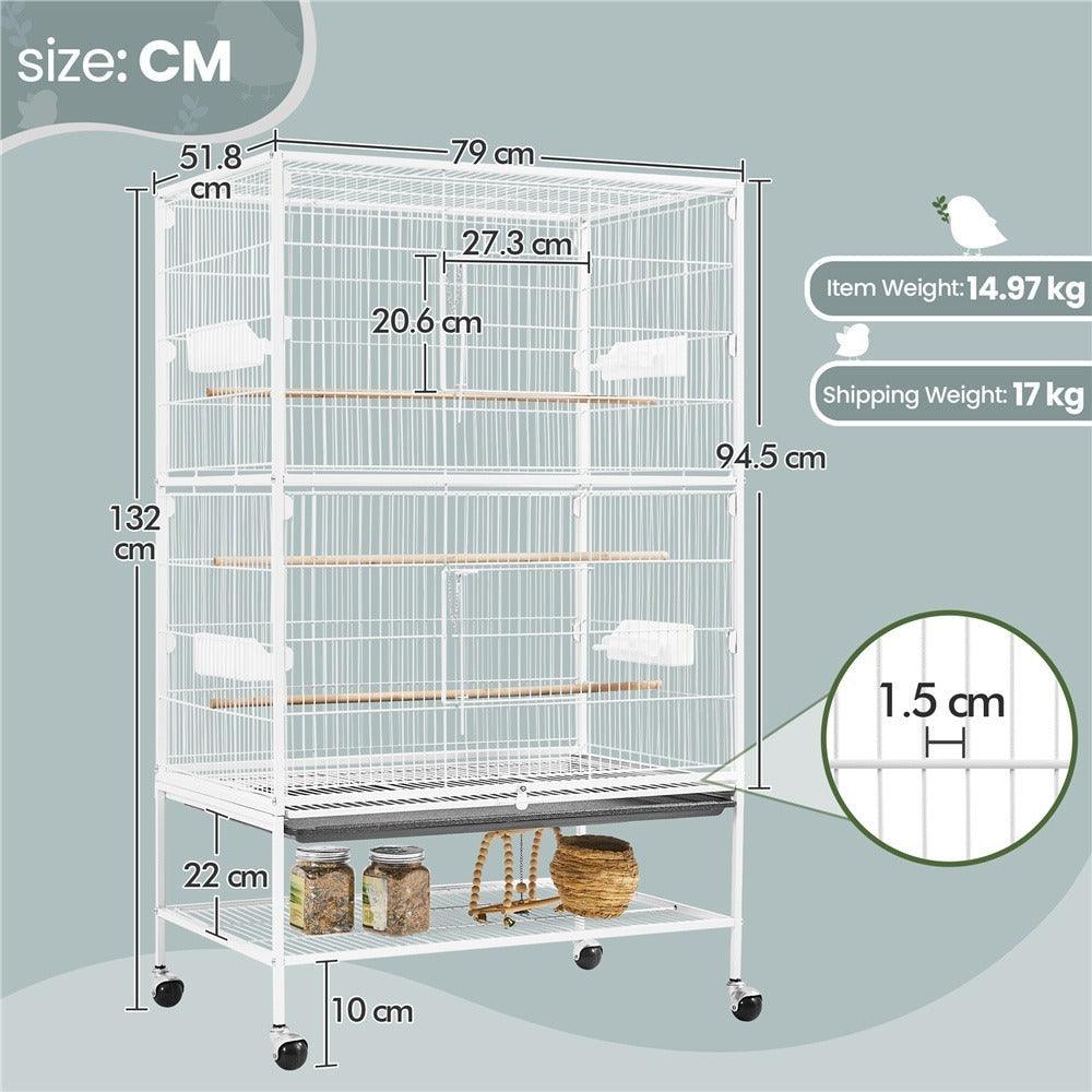 Jaula para pájaros con ruedas, 132 cm de altura, jaula grande para aves, pájaros y loros con compartimento de almacenamiento