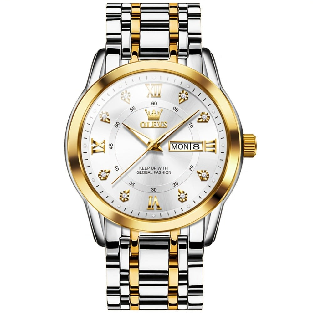 OLEVS Reloj de Lujo para Hombre, Diseño Elegante de Negocios con Diamantes de Imitación, Cuarzo Clásico de Acero Inoxidable para Hombre, Calendario Diurno Luminoso, Ideal para Regalos Románticos, Disponible en Esfera Azul/Negro/Blanco/Dorado