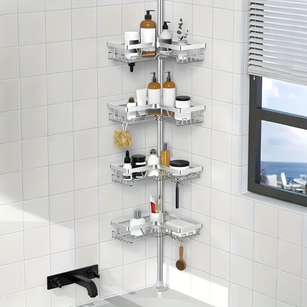 Estante de esquina ajustable de acero inoxidable para baño, 4 niveles, resistente al óxido, con soporte de tensión para ducha, con ganchos y jabonera, ideal para bañera/ducha (63.5-290 cm), organizador de almacenamiento de baño de alta gama sin taladro