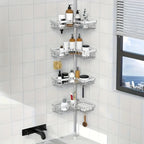 Estante de esquina ajustable de acero inoxidable para baño, 4 niveles, resistente al óxido, con soporte de tensión para ducha, con ganchos y jabonera, ideal para bañera/ducha (63.5-290 cm), organizador de almacenamiento de baño de alta gama sin taladro