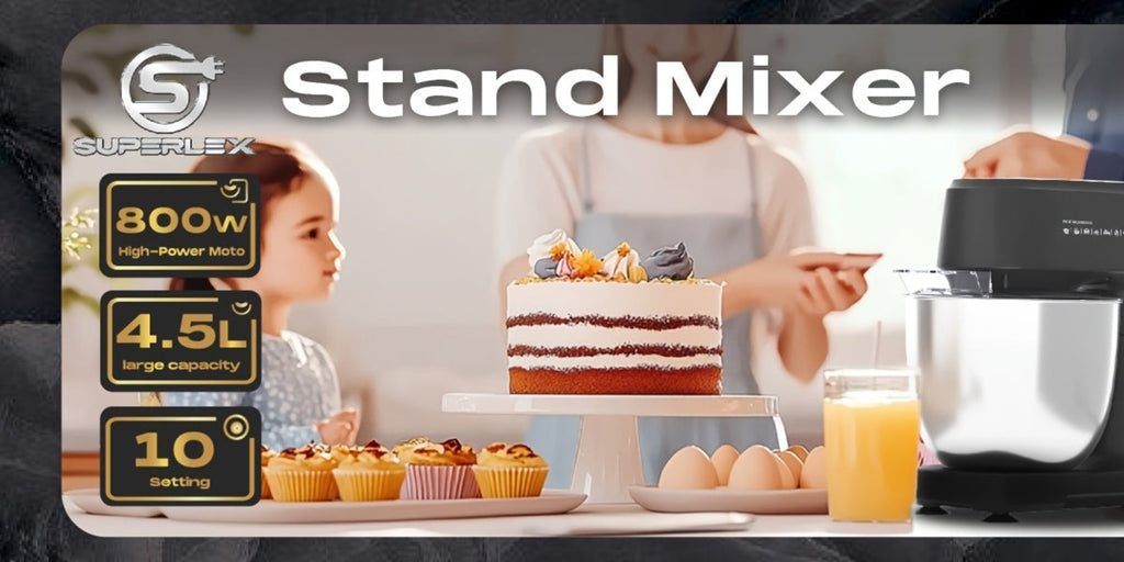 Procesador de Alimentos SUPERLEX 800 W con Bol de Acero Inoxidable de 4.5L - Amasadora Profesional con 10 Velocidades, Gancho para Masa, Batidor y Raspador - Mezcladora de Pie para Pan, Pasteles y Más