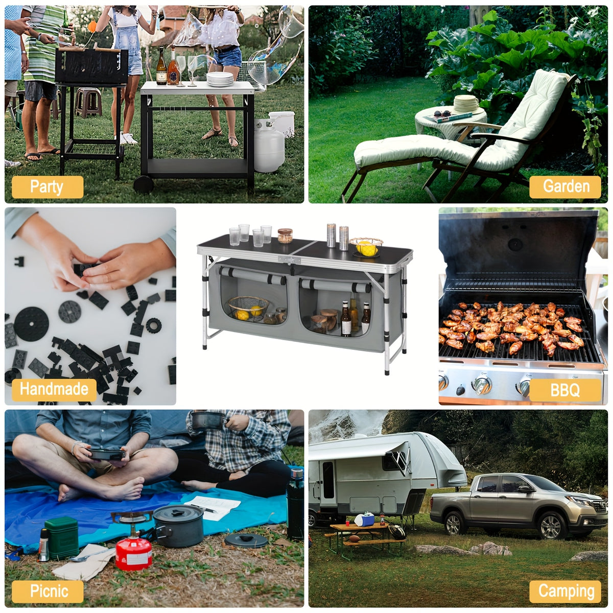 1 pieza Mesa de exterior, mueble de exterior para acampar, equipo de senderismo, mesa de camping, mesa plegable, gabinete de camping plegable, mesa de camping con altura ajustable, espacio de almacenamiento, mueble de camping para exteriore