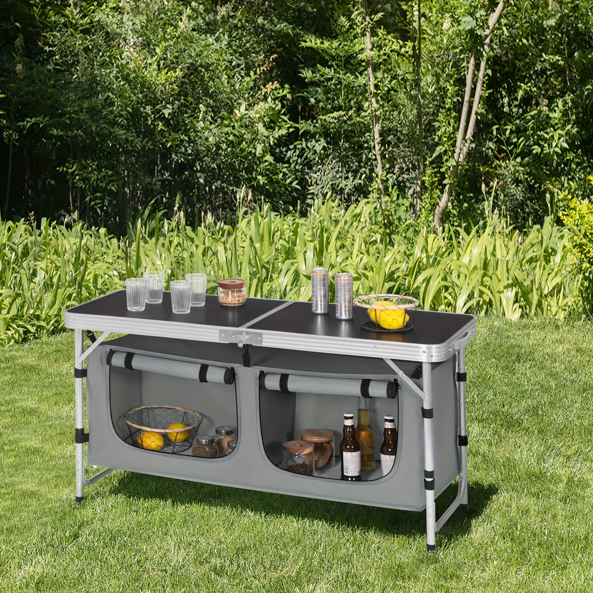 1 pieza Mesa de exterior, mueble de exterior para acampar, equipo de senderismo, mesa de camping, mesa plegable, gabinete de camping plegable, mesa de camping con altura ajustable, espacio de almacenamiento, mueble de camping para exteriore