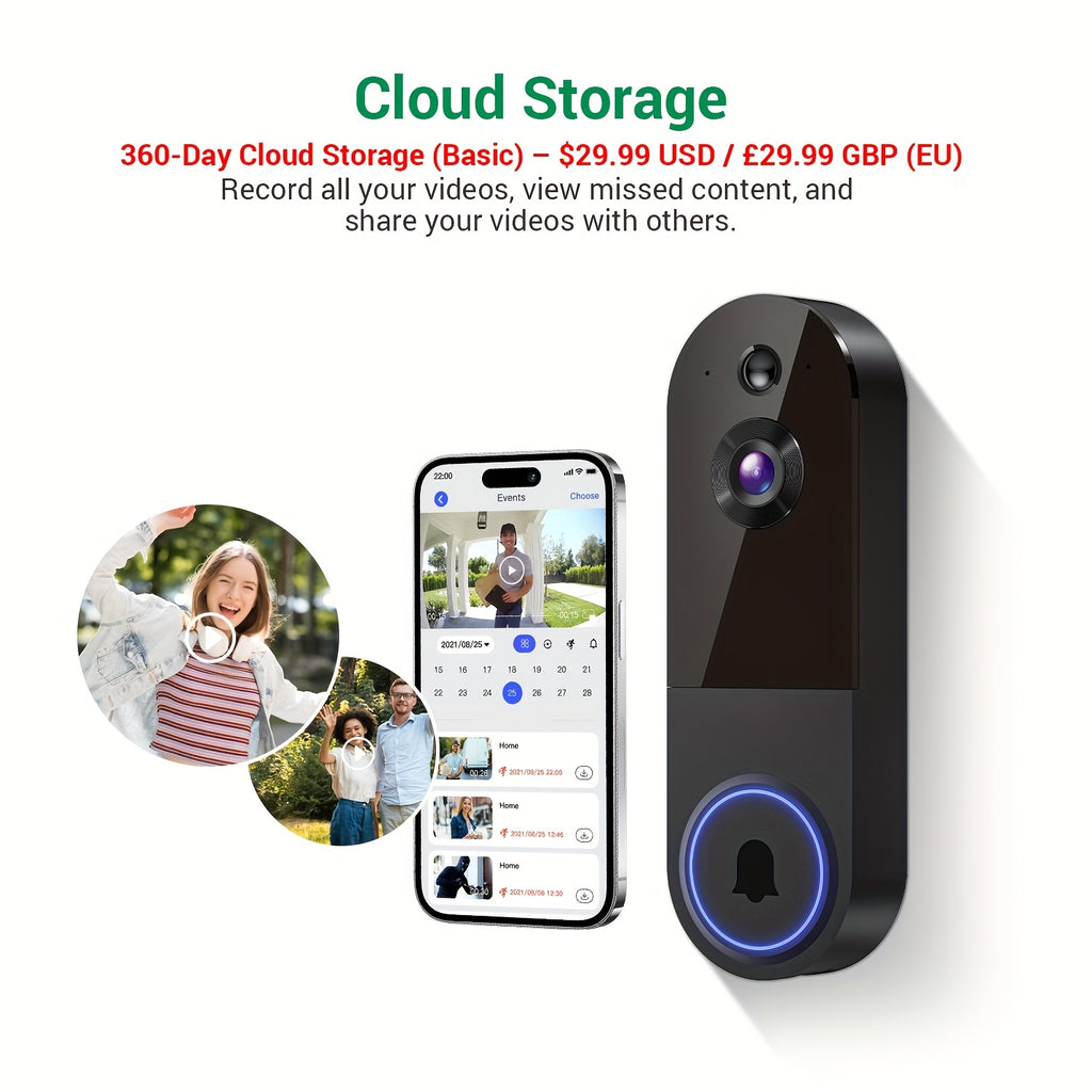 Cámara de Video de Puerta Inalámbrica, Alimentada por Batería, Vista en Vivo FHD, Almacenamiento en la Nube, Detección Humana por IA, Alerta Instantánea, Visión Nocturna, Audio Bidireccional, Wifi 2.4G Únicamente, Cámara de Vigilancia para Puerta para Sis