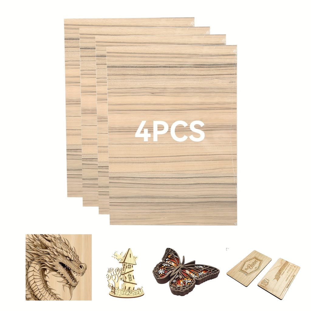 4 Paquetes de Láminas de Contrachapado de Madera Natural Cortadas con Láser - Compatibles Pre-Probadas para Corte CNC, Pintura y Manualidades DIY con Cara de Grano Natural, Tamaño A4 (29.97cm x 21.49cm) Tablero de Manualidades Cortado con Láser Adecuado p