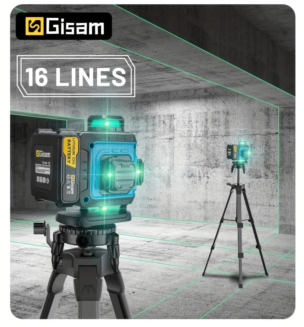 Nivel láser láser verde 4D multifuncional Gisam de 16 líneas con trípode y control por aplicación, autonivelante 360° con líneas cruzadas horizontales y verticales, alimentado por USB y batería, incluye estuche de transporte, haz superpotente, diseño port
