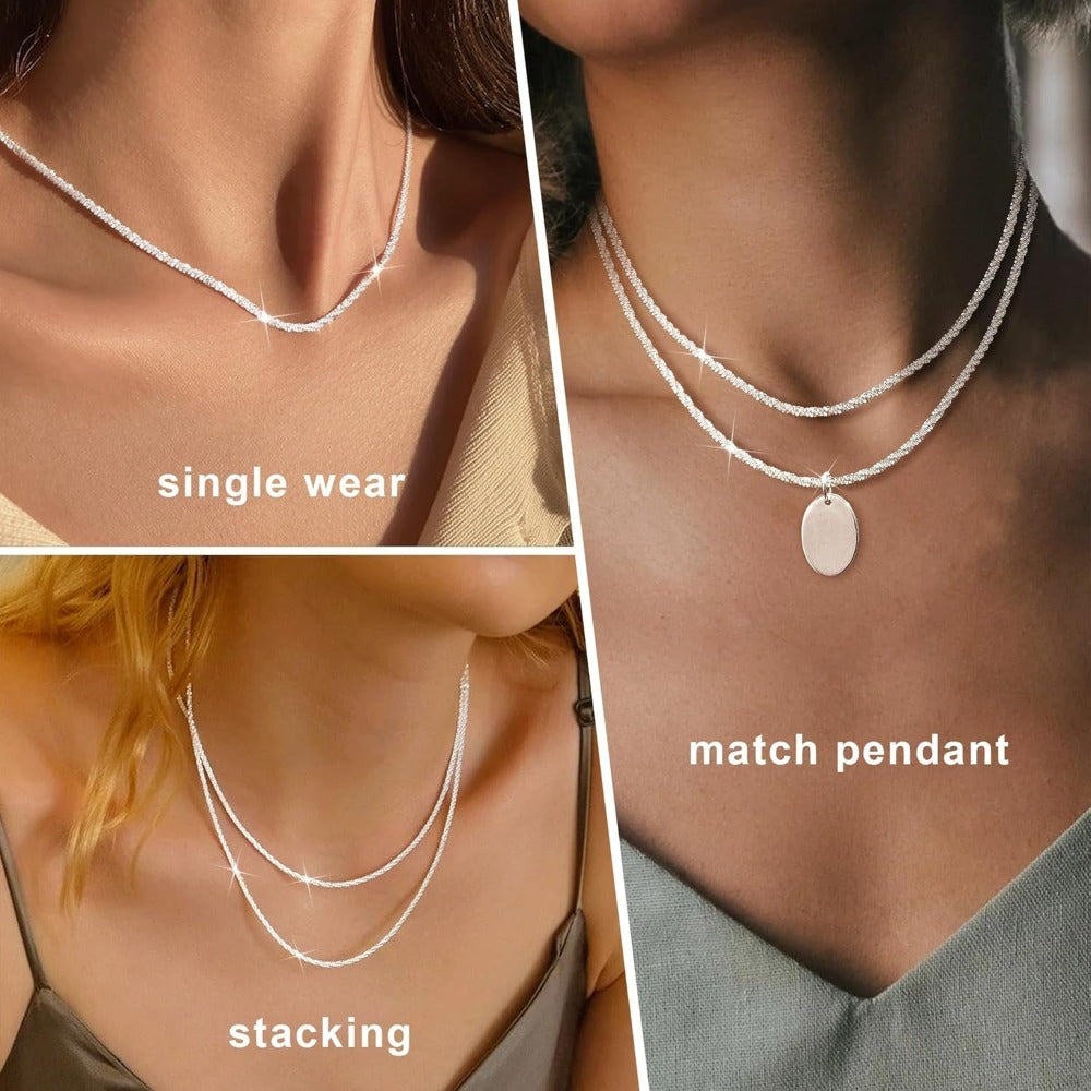 2 collares de plata 925 para mujer - Collar apilable ajustable con cadena de Singapur en capas - Cadena de cuerda cortada brillante