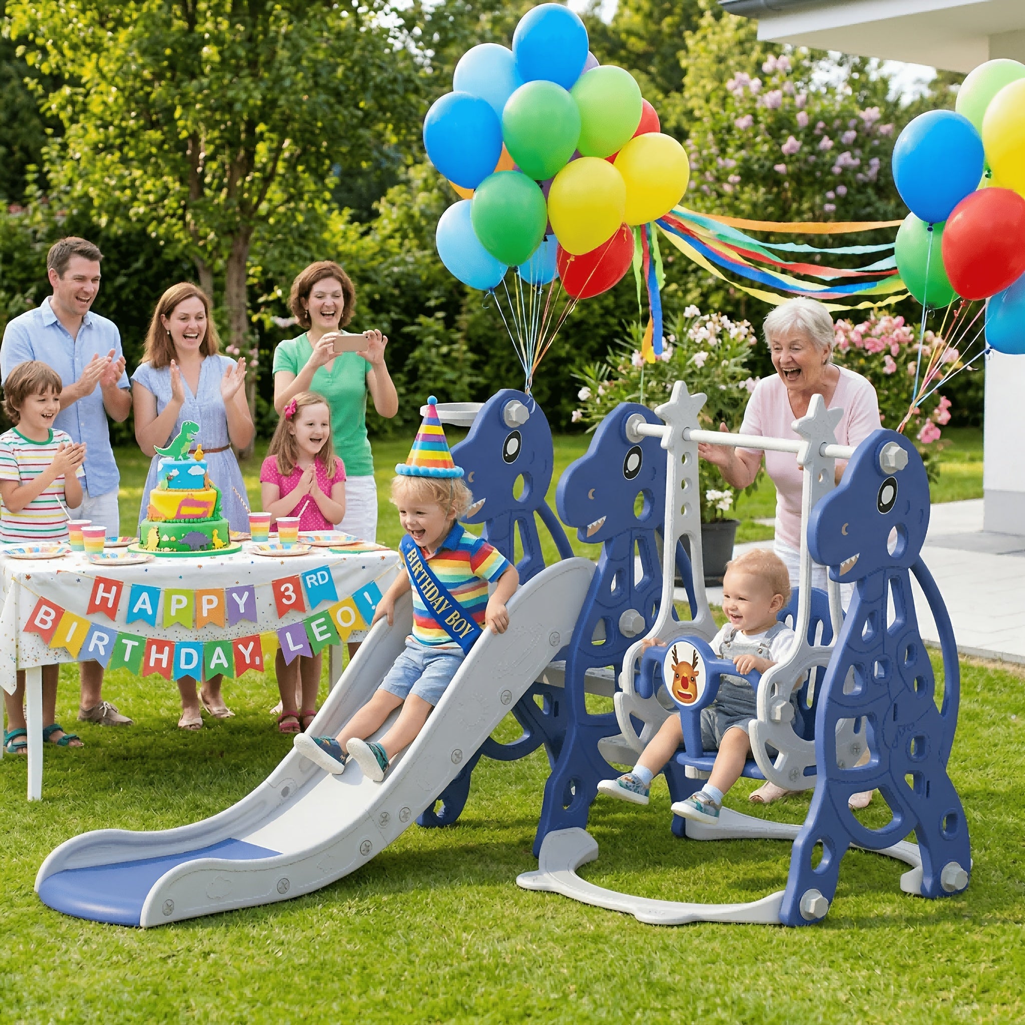 Tobogán infantil 4 en 1, tobogán con columpio y canasta de baloncesto, longitud del tobogán 145 cm, parque infantil multifuncional, para uso en interiores y exteriores, con peldaños y soportes extra anchos