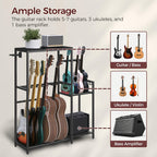 Soporte Multifuncional para Guitarra, Adecuado para Guitarras Acústicas, Guitarras Eléctricas, Bajos, Ukuleles, Banjos, Capacidad para 7 Guitarras, con Soporte para Amplificador de Guitarra, Estante de Almacenamiento para Accesorios de Guitarra y Cubierta