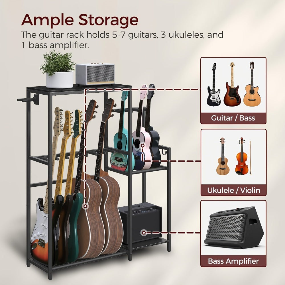 Soporte Multifuncional para Guitarra, Adecuado para Guitarras Acústicas, Guitarras Eléctricas, Bajos, Ukuleles, Banjos, Capacidad para 7 Guitarras, con Soporte para Amplificador de Guitarra, Estante de Almacenamiento para Accesorios de Guitarra y Cubierta