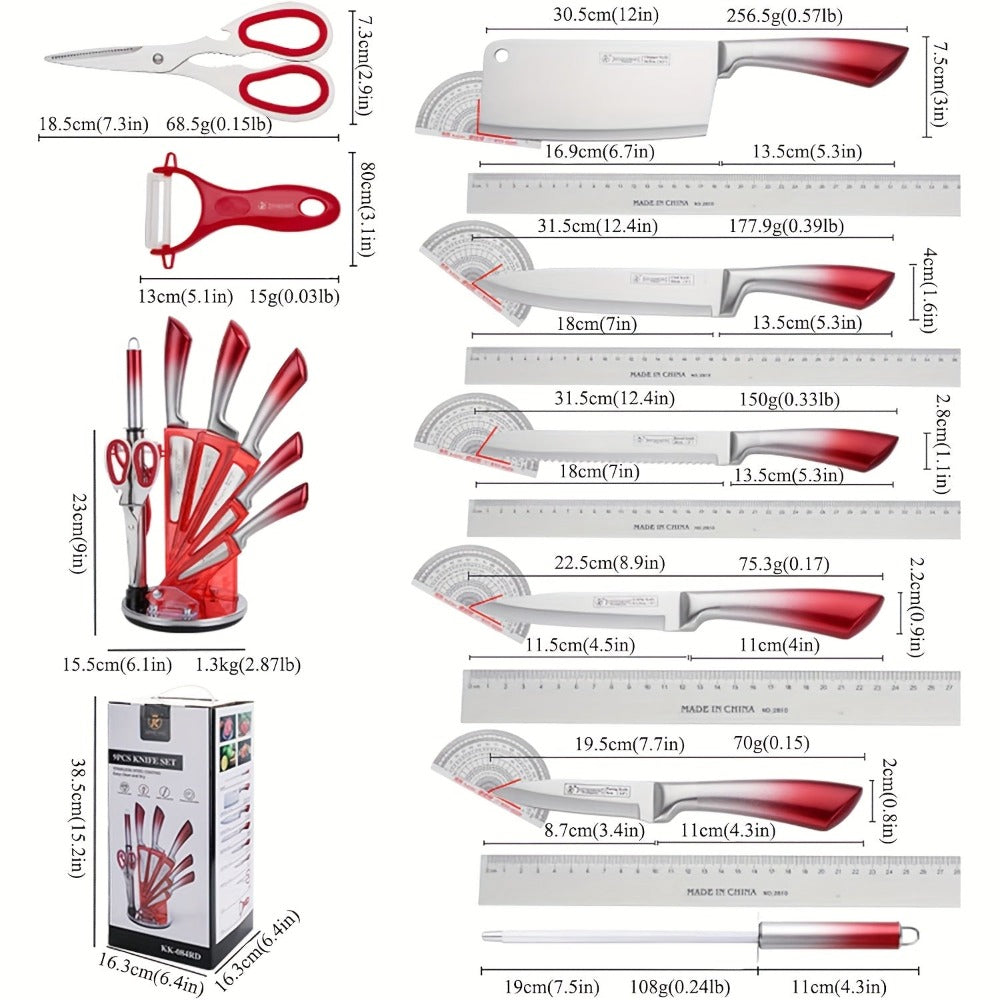 Colección de 9 cuchillos de cocina, fabricados con acero inoxidable forjado de alto carbono con mangos degradados vibrantes, elegantemente empaquetados para regalar, perfectos para el hogar o como regalos navideños - Disponibles en azul, negro, rojo y mor