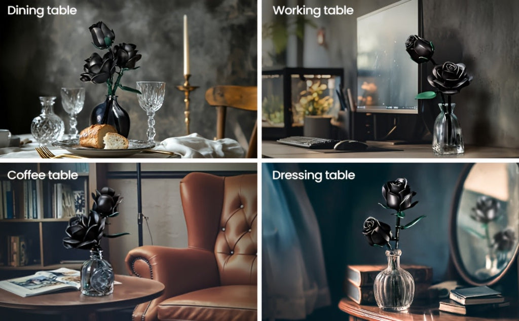 Adornos góticos de escritorio - Serie oscura ramo de rosas negras flores sintéticas rompecabezas DIY pieza decorativa - Rosa adecuada como regalo de cumpleaños figuras coleccionables