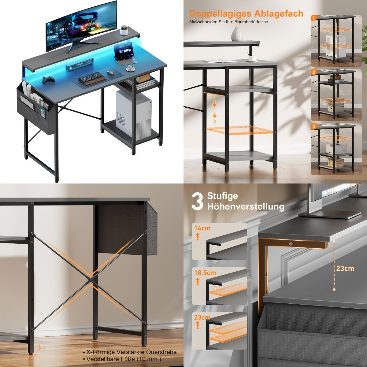 Escritorio FRODROVIA con Luz LED y Estante Ajustable en Altura, Escritorio para Oficina en Casa con Soporte para Monitor, Escritorio de Esquina con Bolsa de Almacenamiento Grande para Oficina en Casa, Estudio, Regalos de Navidad/Acción de Gracias