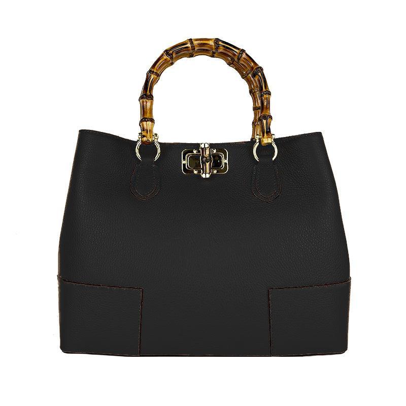 Bolso de cuero real con asas de bambú hecho en Italia, bolso de mujer, bolso de bambú de cuero