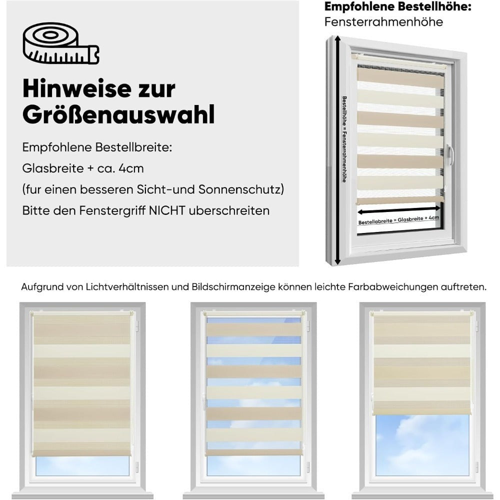 Persiana enrollable doble Sekey con fijación de abrazadera sin taladrar para ventanas, persiana enrollable doble de dos colores de 100 cm de ancho, protección solar de doble persiana enrollable, 100x130 cm, beige y marrón