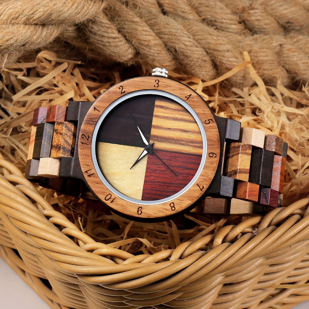 LeeEv Fashion Relojes Clásicos de Madera Ligera para Mujer en Colores Mezclados, Reloj Analógico de Cuarzo Grabado en Madera Colorida Hecho a Mano para Mujer y Regalo