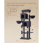 Árbol para Gatos de 175 cm, Torre Multinivel, 2 Niveles, 2 Hamacas, 5 Postes Rascadores, Cepillo, Plataformas, Regalos de Navidad