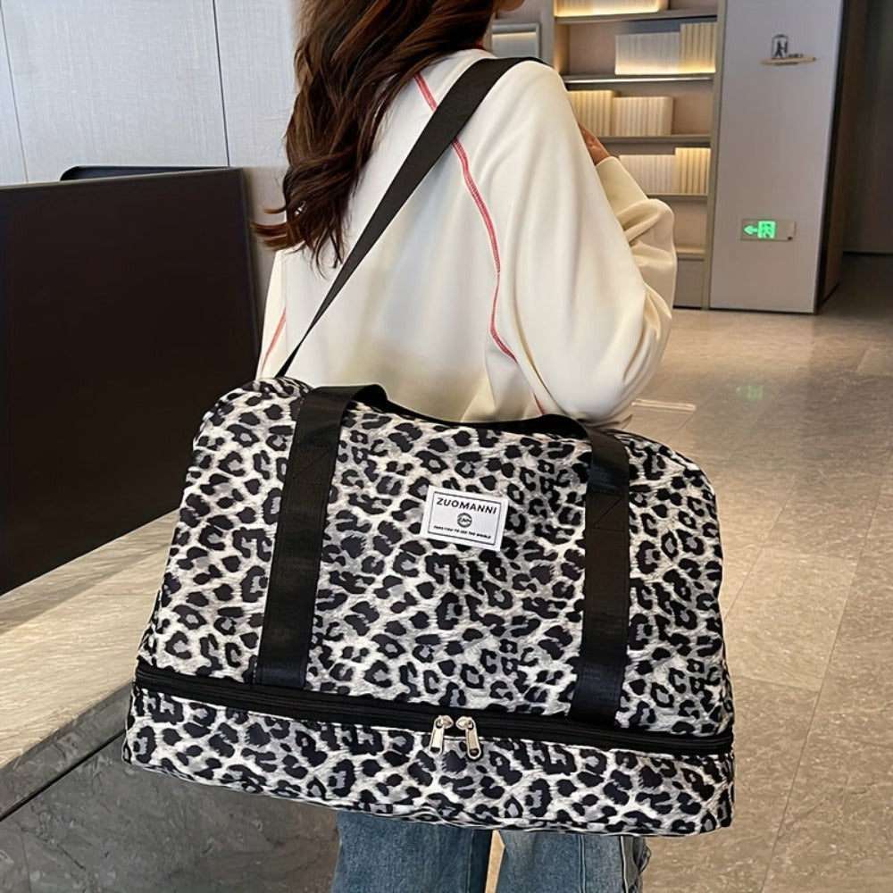 Maleta moderna con estampado de leopardo y amplio espacio, con compartimento separado para zapatos, correa de hombro ajustable, ideal para el gimnasio, yoga y escapadas de fin de semana, así como actividades de ocio y camping al aire libre