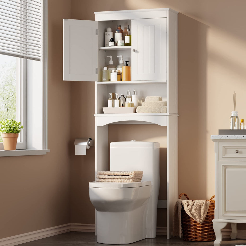 Elegante estante de almacenamiento sobre el inodoro con 3 estantes ajustables, armario de baño independiente (167 X 60 X 23 Cm) con puertas dobles, maximiza el espacio y la organización en blanco