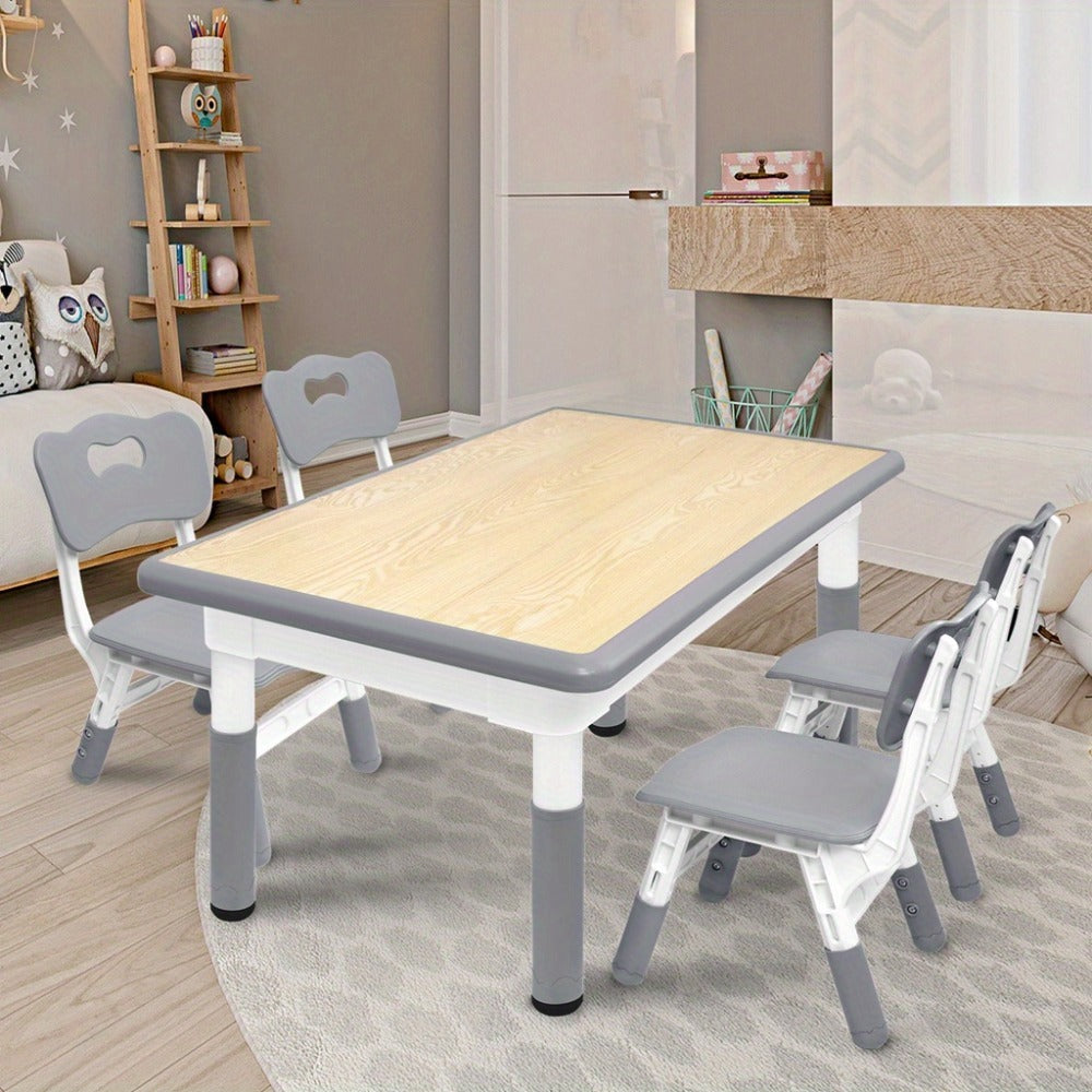 Una mesa acompañada de cuatro sillas, con un diseño de altura ajustable, ideal para una oficina y una mesa de aula que es fácil de limpiar.