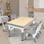 Una mesa acompañada de cuatro sillas, con un diseño de altura ajustable, ideal para una oficina y una mesa de aula que es fácil de limpiar.