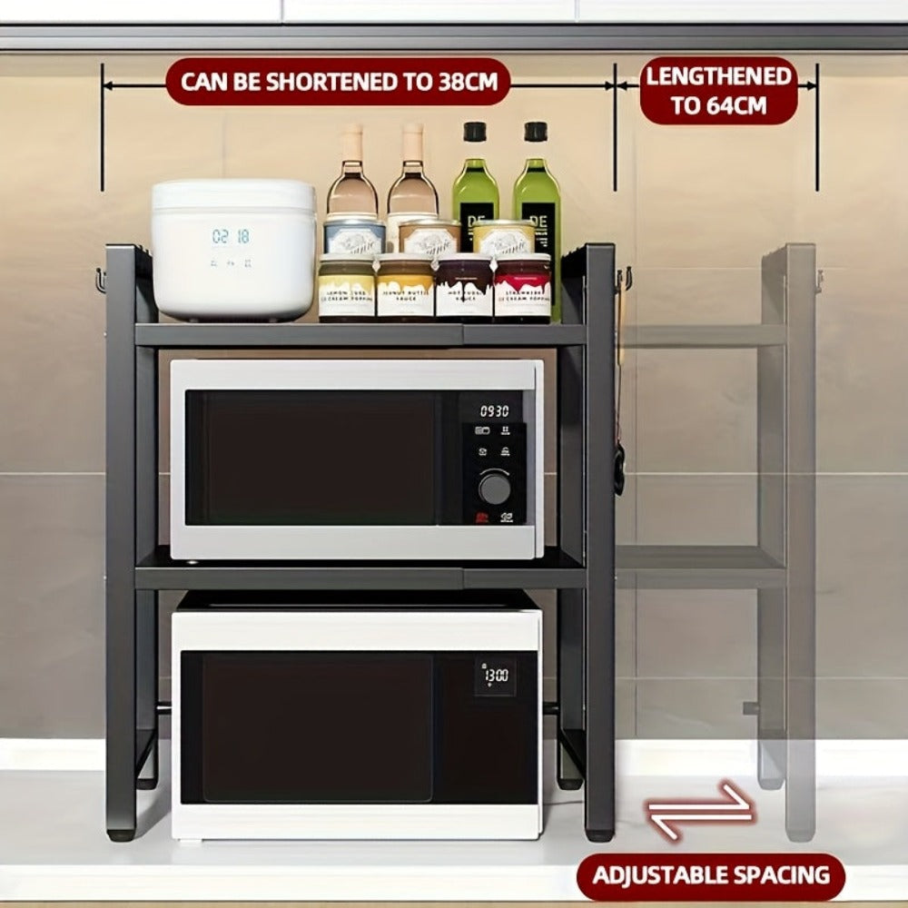 Estante de microondas expandible de metal resistente de 2/3 niveles con 6 ganchos, estante para condimentos, estante de almacenamiento, estante de almacenamiento de cocina ajustable que ahorra espacio, organizador de encimera, estante resistente sobre el