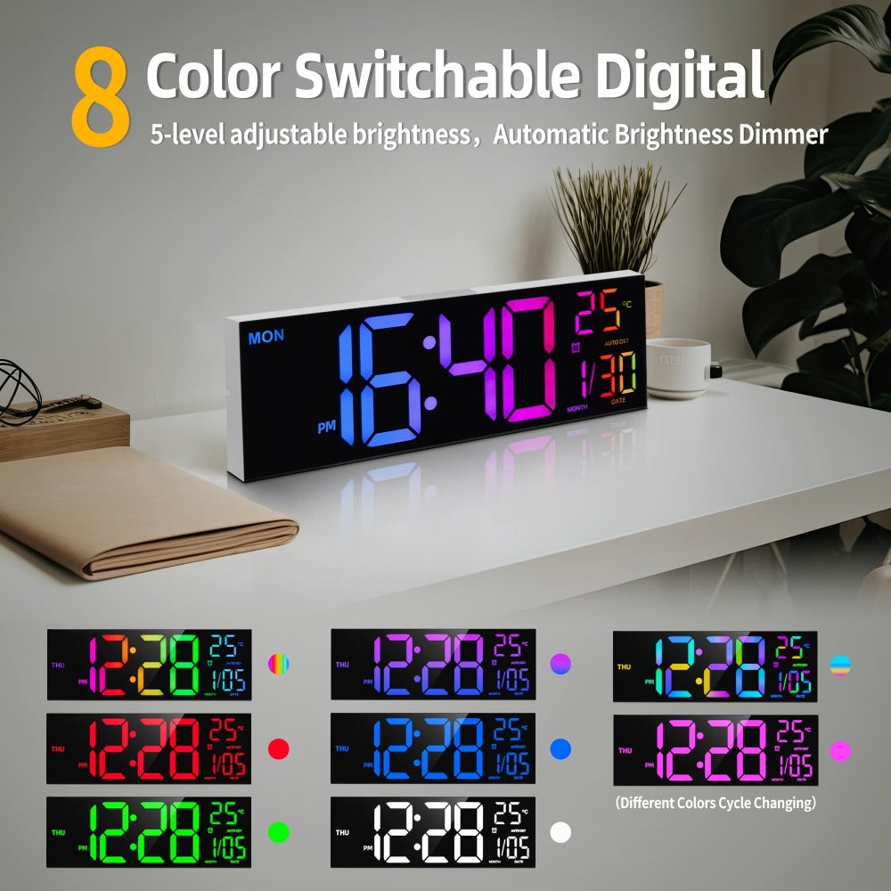 Reloj de pared digital grande de 41.91 cm con control remoto, gran pantalla LED/doble alarma/8 colores RGB/brillo automático/fecha/horario de verano automático/temperatura/luz nocturna, relojes de gimnasio para sala de estar, dormitorio, oficina, decoraci