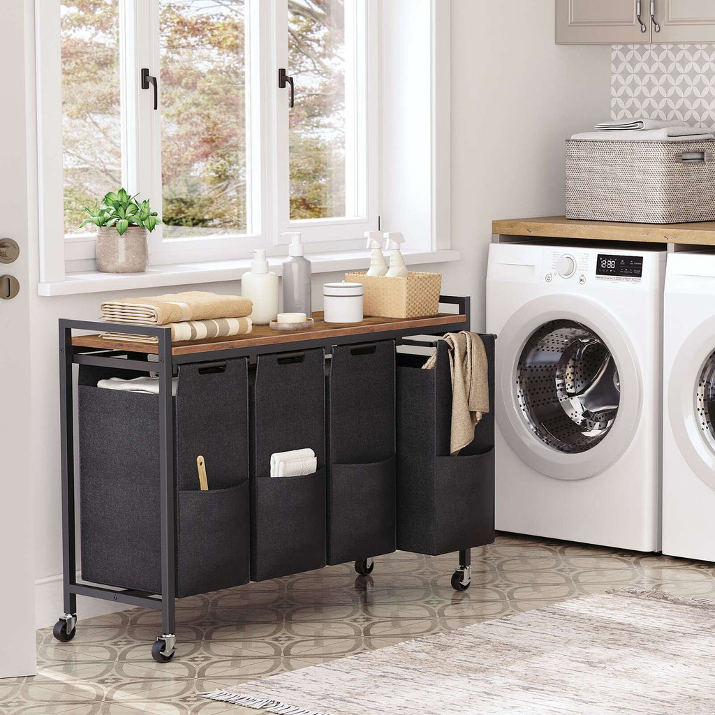 Gris y Negro, Marrón Rústico y Negro, Clasificador de Ropa 4 Secciones, Cesto de Ropa, Cesta de Ropa con Ruedas, 4 × 10.5 Gal (39.8L), Carro Rodante, Bolsas de Lona Oxford Extraíbles y Desmontables, Canastas de Ropa