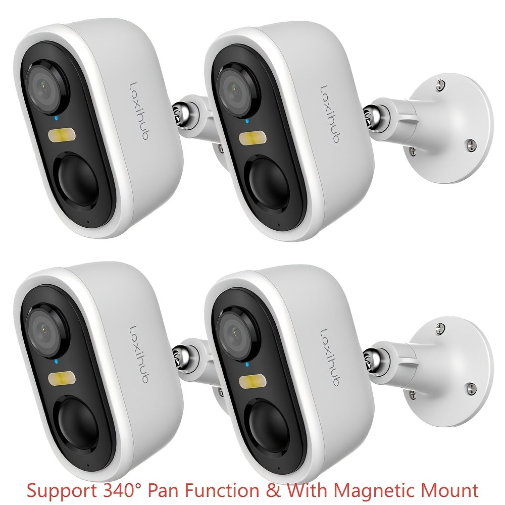4pcs Cámara de Seguridad LaxiHub Inalámbrica para Exteriores, Resolución 1296P, Batería de 5200mAh, Almacenamiento en Nube/SD, Detección AI de Movimiento, Visión Nocturna a Color, Audio Bidireccional, Sin Tarjeta SD