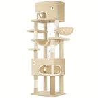 Árbol para Gatos, 203 cm con Plataforma Grande, Cueva Doble, 7 Postes Rascadores Pomponas Reposadería Hamaca Adecuado Para Todo TipodeGato Gris Claro/grisescuro Beige