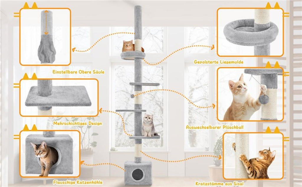 Árbol para gatos Costoffs de techo alto, altura ajustable de 226 cm a 266 cm, poste rascador multinivel con cama para gatos, plataformas y caseta