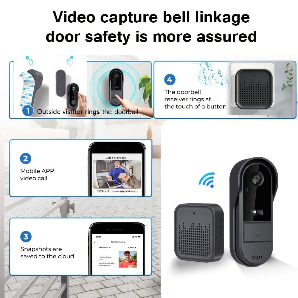 Cámara de Timbre WiFi Inalámbrica con Audio Bidireccional - Resolución HD, Timbre Visual WiFi con Cámara, Timbre Inteligente Inalámbrico Visual - Cámara de Timbre WiFi para Puerta, Visión Nocturna, Cambiador de Voz, Grabación de Fotos y Vídeos, Batería de