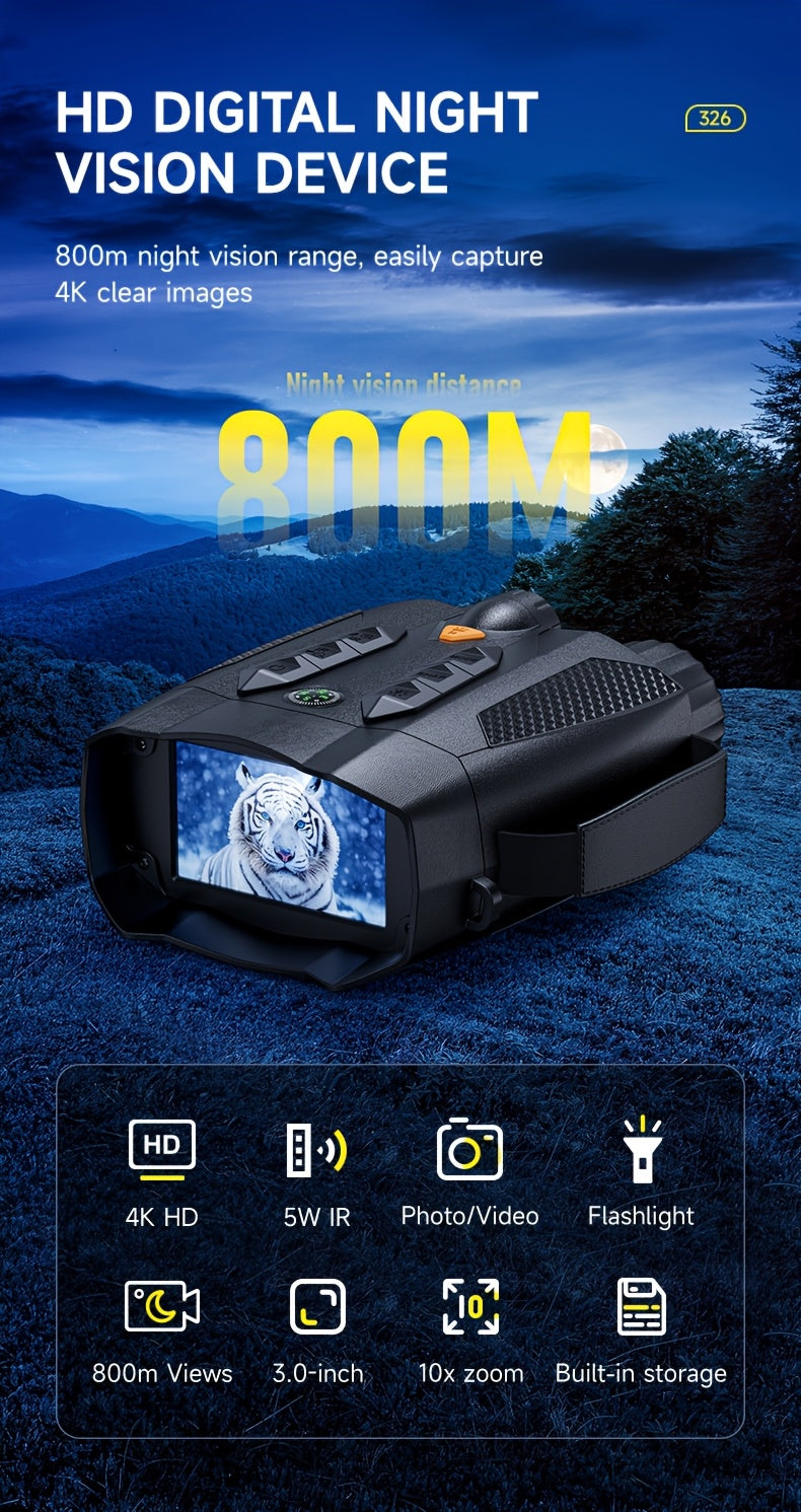 Binoculares de visión nocturna | Binoculares de visión nocturna digital 4K - Pantalla grande de 3.0, Telescopio de caza tipo gafas, con brújula y
