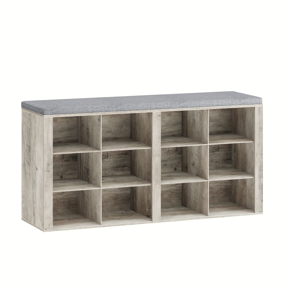 Banco para Zapatos, Estante con Asiento, Banco con Almacenamiento, Cojín, 12 Compartimentos, para Sala, Pasillo, Dormitorio, Blanco-Gris