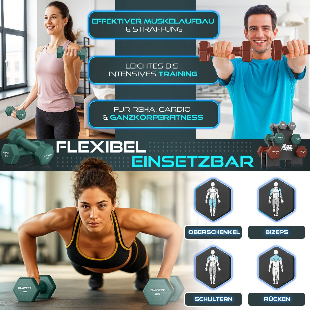 RE:SPORT® Juego de Mancuernas 3 Pares, 1Kg - 5Kg, 12Kg o 18Kg con Soporte y 3 Bandas Elásticas Fitness | Mancuernas Cortas Antideslizantes de Neopreno para Mujeres y Hombres | Juego de Mancuernas