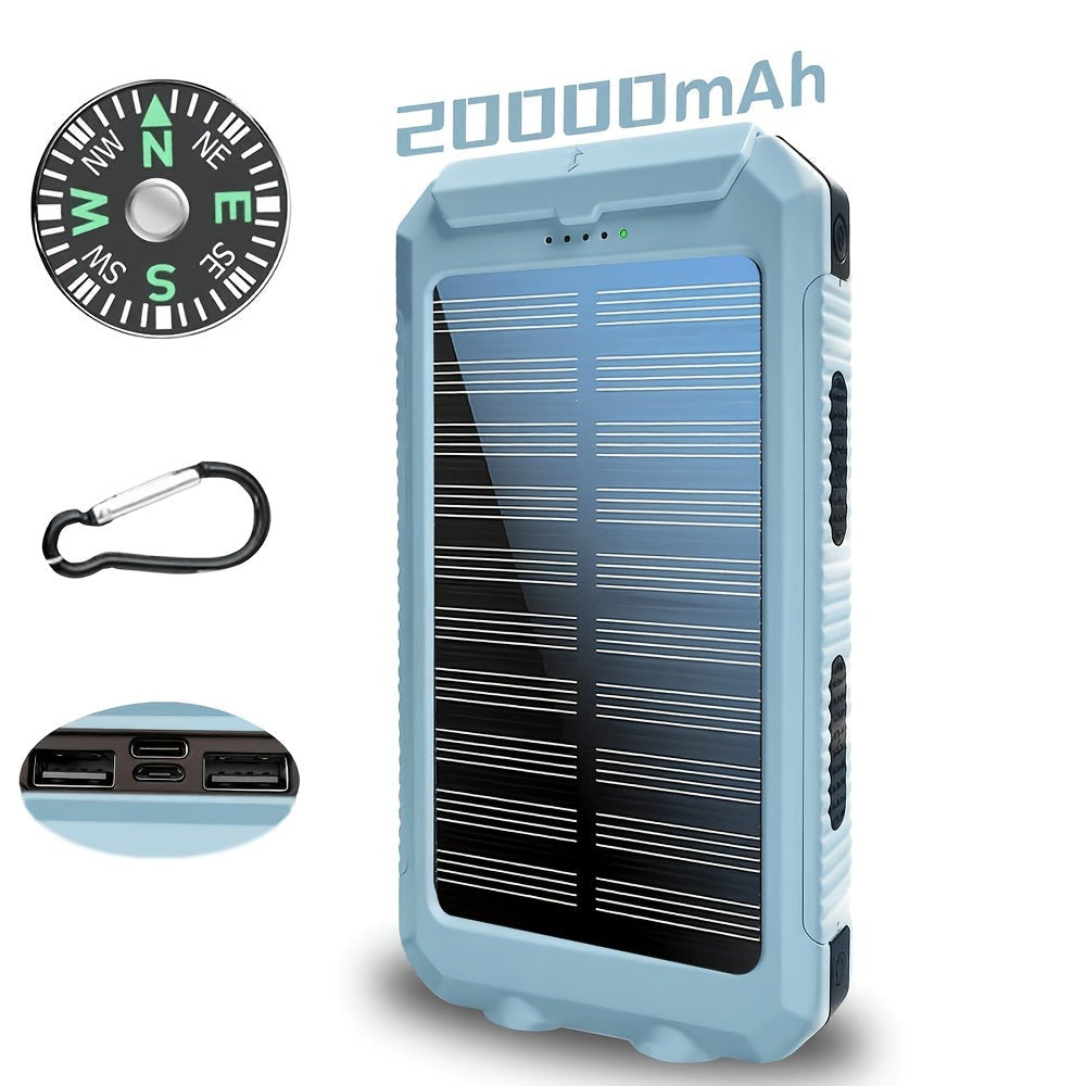 Batería Externa Solar Portátil de 20000Mah, Cargador Solar Portátil para Teléfonos Móviles, Cargador de Batería Externa para Camping para Teléfonos Móviles, 2 USB/ Linternas LED con Brújula para Actividades al Aire Libre