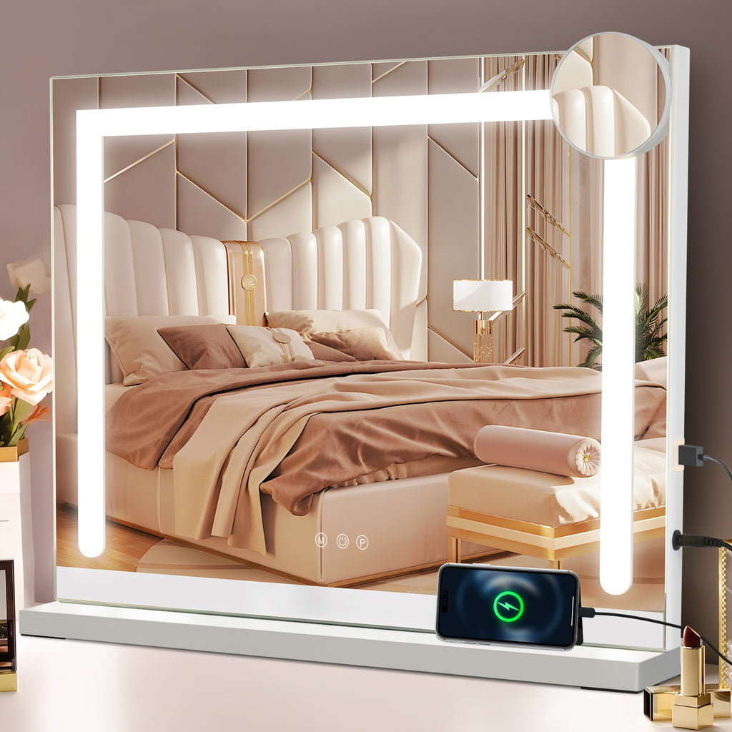 Espejo de Maquillaje de Hollywood con Iluminación - (50 X 40 Cm/58 X 46Cm/70 X 55Cm/80 X 60Cm) Espejo LED Regulable con 3 Modos de Luz USB Conexión Espejo de Maquillaje Inteligente para Dormitorio Tráiler