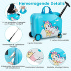 Maleta para niños de 2 en 1 + mochila, trolley de 12"+18" para niños con ruedas y carcasa dura impermeable, equipaje para niños, maleta con ruedas y mochila para niños y niñas (Unicornio azul)